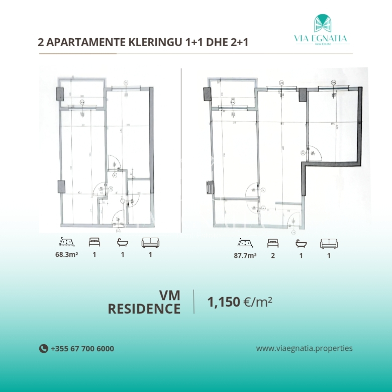 DY APARTAMENTE KLERINGU 1+1 DHE 2+1